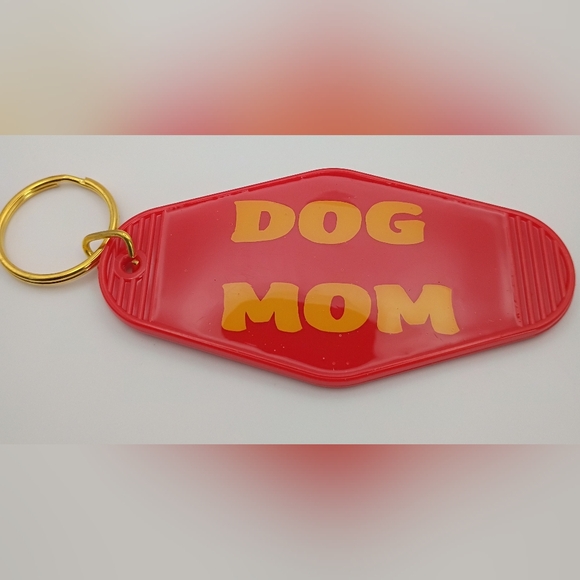 Handmade Accessories - Handmade Retro Motel Keychain - Red & Gold "Dog Mom" - UV Resin Sealed